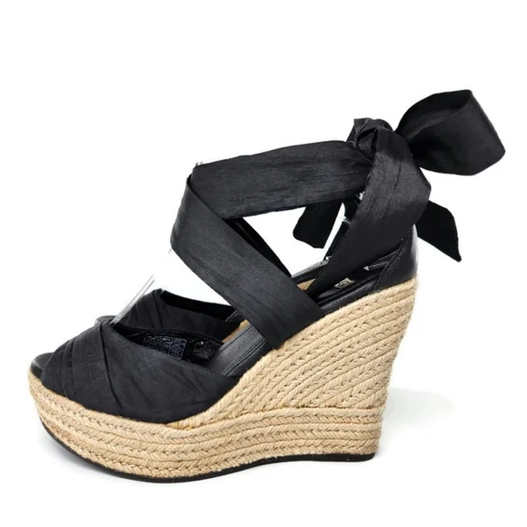UGG Lucianna Black Ribbon Ankle Wrap Tie Peep-Toe Braid Jute Wedge Heel Sandals - Picture 2 of 11
